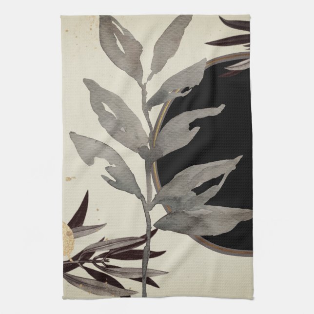 Artistic Watercolor Leaves | Black & Ivory Kitchen Towel (Vertical)