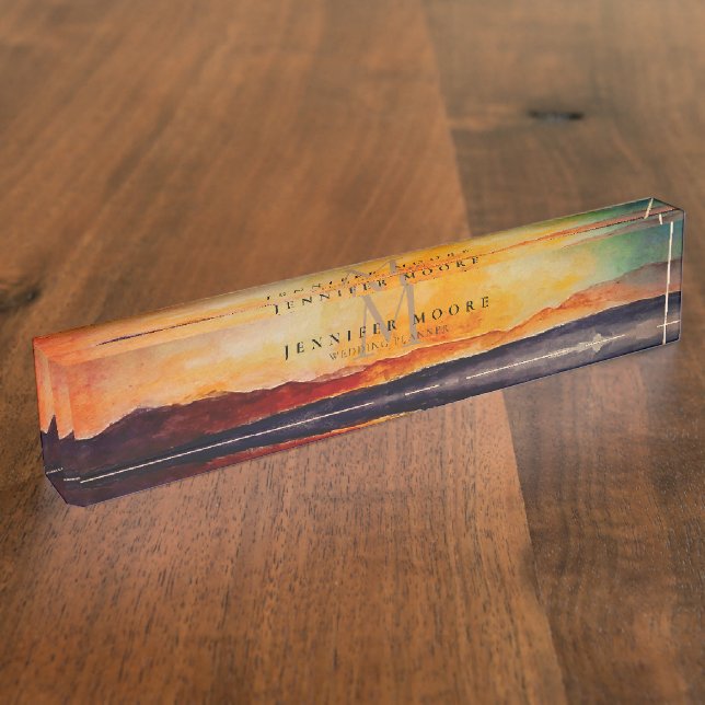 Artistic Watercolor Mountain Landscape Monogrammed Nameplate (Side)