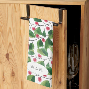Artistic Watercolor Red and Green Berry Branches Kitchen Towel