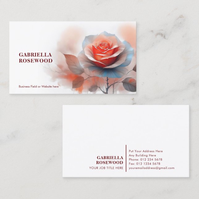 Artistic Watercolor Red Rose Bluish Business Card (Front/Back)