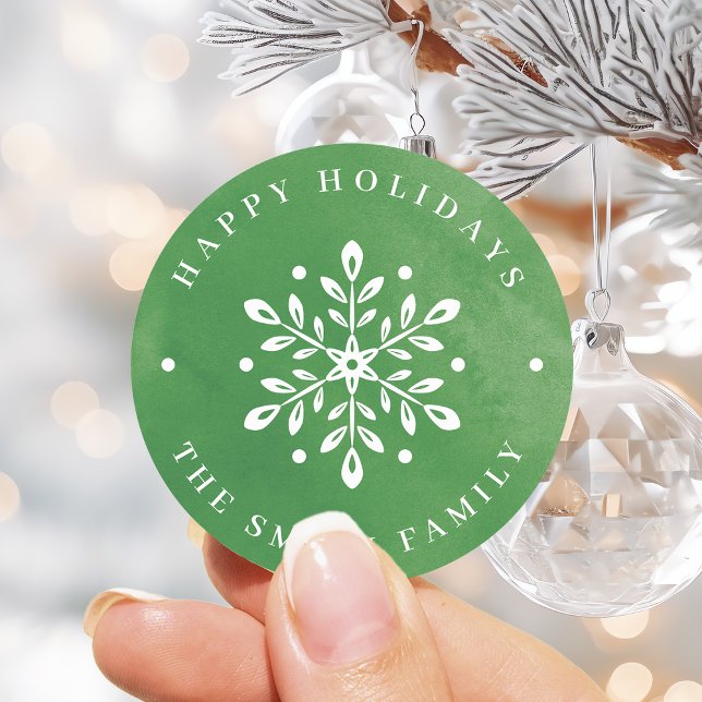 Artistic Watercolor Snowflake green Christmas Classic Round Sticker (Artistic Watercolor Snowflake green Christmas Classic Round Sticker)