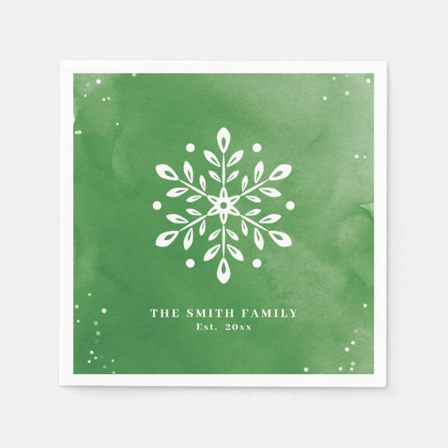 Artistic Watercolor Snowflake Green Christmas Napkin (Front)