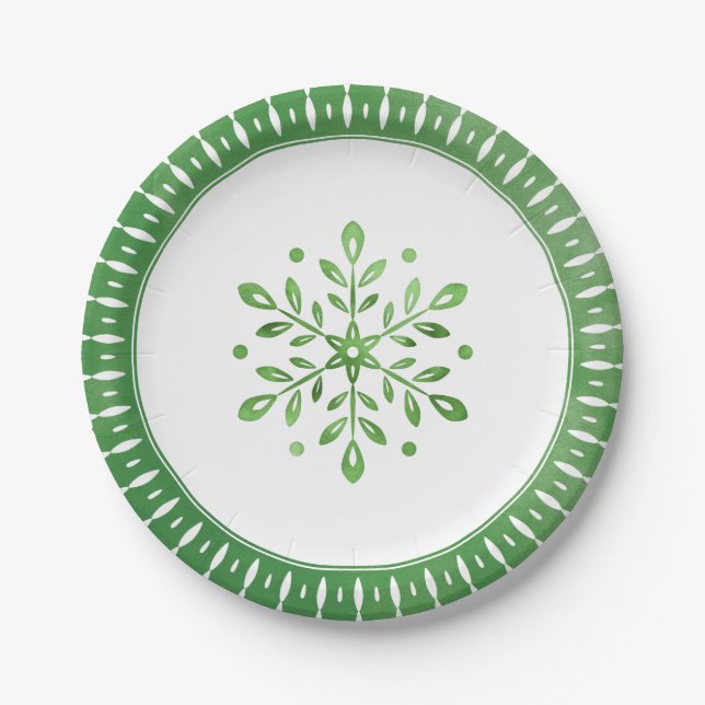 Artistic Watercolor Snowflake Green Christmas Paper Plate (Front)
