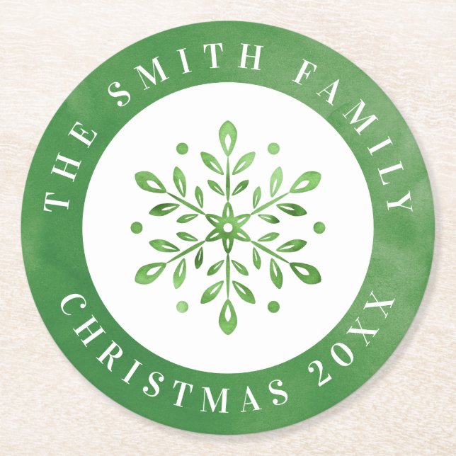 Artistic Watercolor Snowflake Green Christmas Round Paper Coaster (Front)