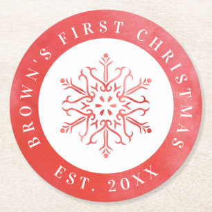 Artistic Watercolor Snowflake Red Christmas Round Paper Coaster