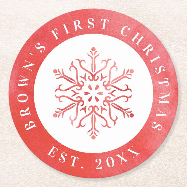 Artistic Watercolor Snowflake Red Christmas Round Paper Coaster (Front)