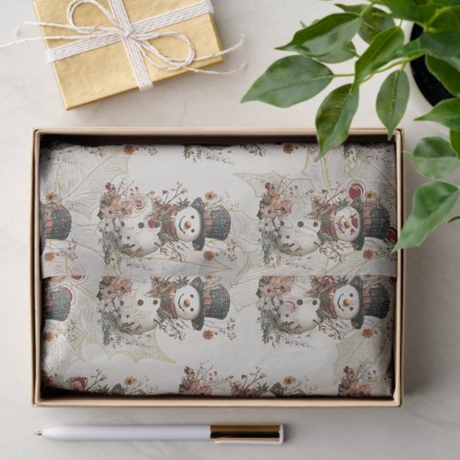 Artistic Watercolor Snowman Beige Floral  Tissue Paper (Gift)
