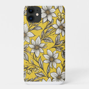 Artistic White Flowers on Yellow Background iPhone 11 Case