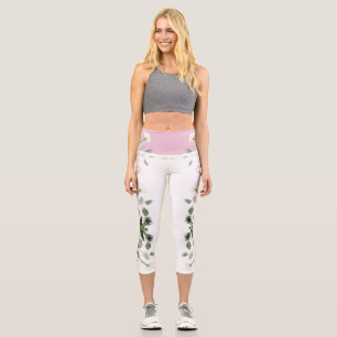 Artistic white rose and leaves capri leggings