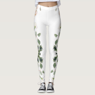 Artistic white rose and leaves leggings