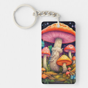 Artistic Wild Mushroom Forest Illustration Keychain