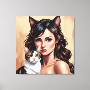 Artistic woman with cat canvas print