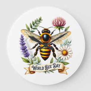 Artistic World Bee Day Illustration with Honeybee  Large Clock