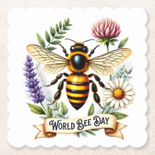 Artistic World Bee Day Illustration with Honeybee Paper Coaster