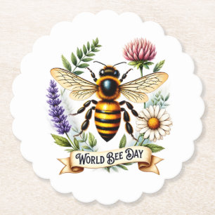 Artistic World Bee Day Illustration with Honeybee Paper Coaster