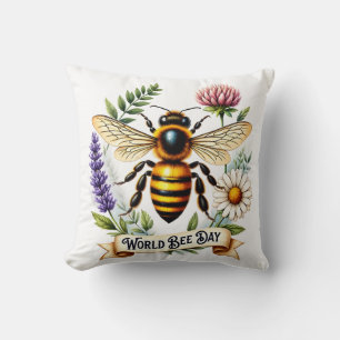 Artistic World Bee Day Illustration with Honeybee Throw Pillow