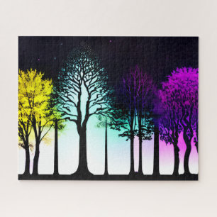 Artistic Yellow Aqua Purple Forest Silhouette Art Jigsaw Puzzle