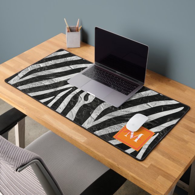 Artistic Zebra Stripes Orange & Hot Pink Monogram Desk Mat (Office 2)