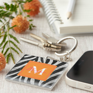 Artistic Zebra Stripes Orange & Hot Pink Monogram Keychain