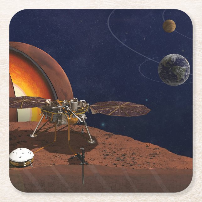 Artist's Rendition Of The Insight Lander. Square Paper Coaster (Front)