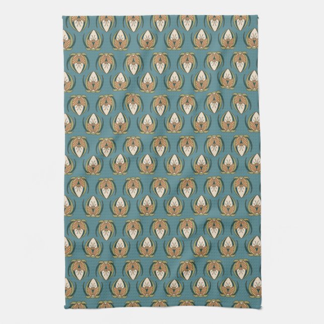 Arts and Crafts Blossoms_Dark Aquamarine Kitchen Towel (Vertical)