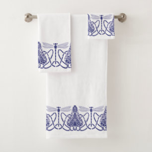 Arts And Crafts Blue & White Dragonflies Frieze Bath Towel Set