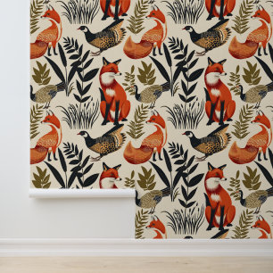 Arts and crafts fox and game birds wallpaper