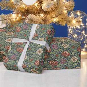 Arts and Crafts Navy Blue Pomegranate Floral Wrapping Paper