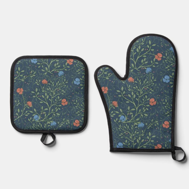 Arts and Crafts Poppy Pattern Oven Mitt & Pot Holder Set (Front)