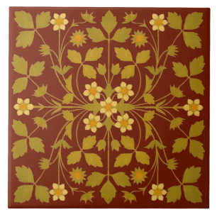 Arts And Crafts Style Strawberry Blossoms Pattern Tile