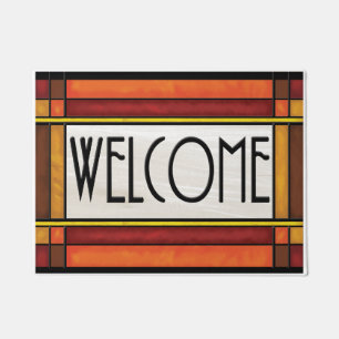 Arts and Crafts Style Welcome Mat,Brown Red Doormat