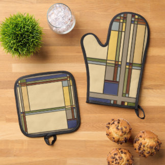 Arts & Crafts Bungalow Design in Fall Colours Oven Mitt & Pot Holder Set
