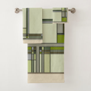Arts & Crafts Geometric Patterns in Muted Greens Bath Towel Set