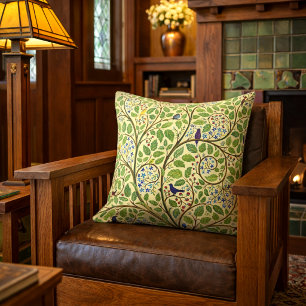 Arts & Crafts Style Birds In Flowering Tree Throw Pillow