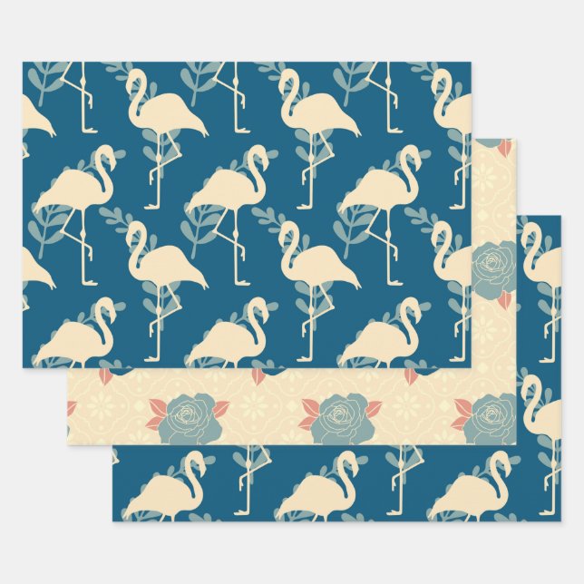 Arts & Crafts style decorative Flamingo patterned Wrapping Paper Sheet (Set)