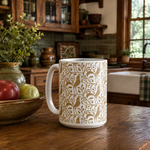 Arts & Crafts Style Roosters In Foliage Pattern Coffee Mug