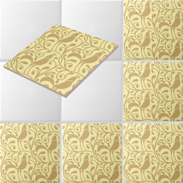 Arts & Crafts Style Roosters In Foliage Pattern Tile (Creator Uploaded)