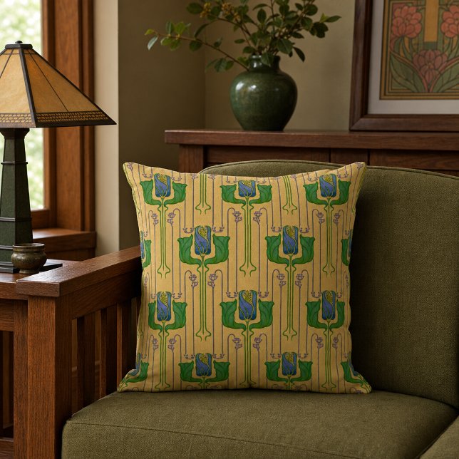 Arts & Crafts Style Tulips Floral Pattern Throw Pillow (Creator Uploaded)