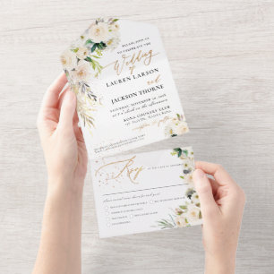 ArtsApp Elegant Alabaster Cream Roses Gold Dust All In One Invitation