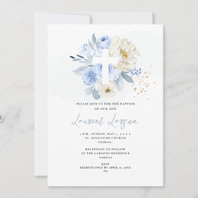 ArtsApp Elegant H2 Dusty Blue Roses Baptism Invitation (Front)