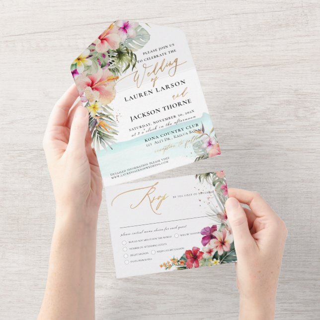 ArtsApp Elegant Tropical Paradise Faux Gold Accent All In One Invitation (Tearaway)