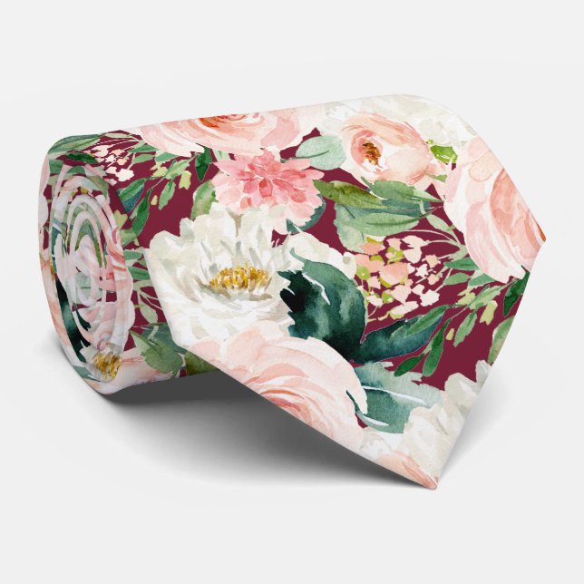 ArtsApp H2  Blush Pink Roses Burgundy Wedding Tie (Rolled)