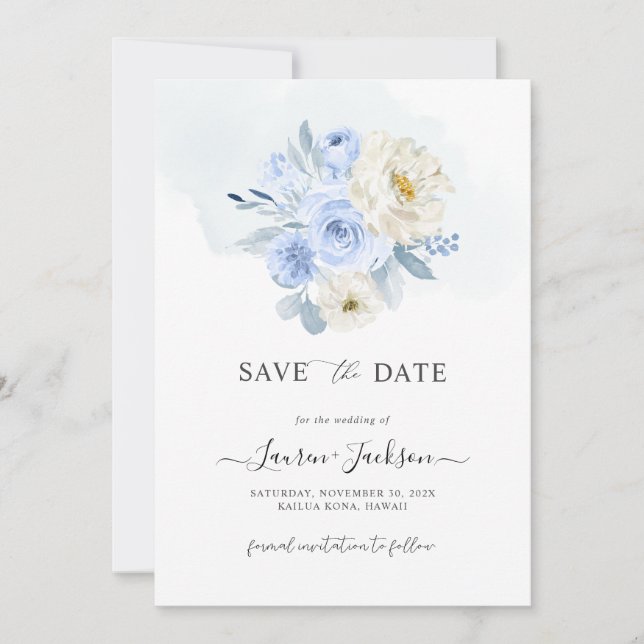 ArtsApp H2 Dusty Blue Roses Save the Date Card (Front)