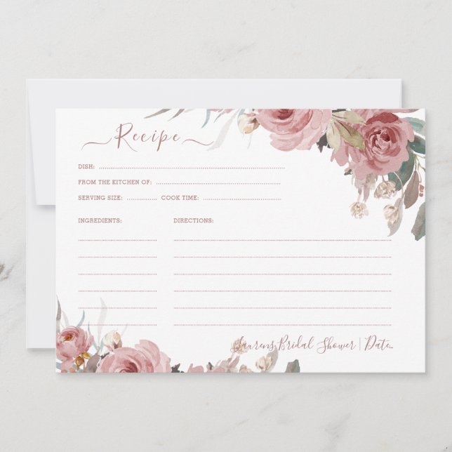 ArtsApp H2 Dusty Pink Roses Bridal Shower Recipe Invitation (Front)