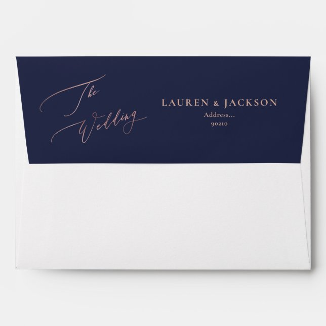 ArtsApp Navy Blue Rose Gold Calligraphy Wedding Envelope (Back (Top Flap))