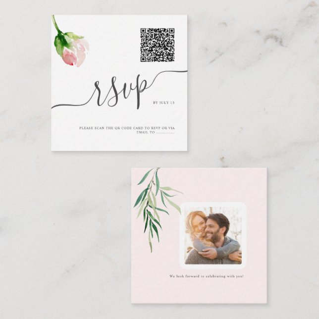 ArtsApp QR Code RSVP Watercolor Blush Pink Rose Card (Front/Back)