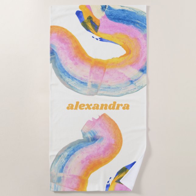 Artsy Abstract Blue and Yellow Watercolor Name Beach Towel (Front)