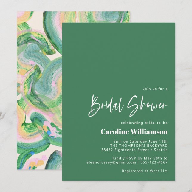 Artsy Abstract Green Watercolor Bridal Shower Invitation (Front/Back)