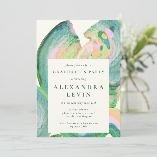 Artsy Abstract Green Watercolor Graduation Party  Invitation (Standing Front)