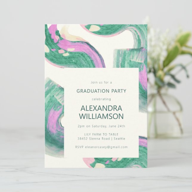 Artsy Abstract Green Watercolor Graduation Party Invitation (Standing Front)